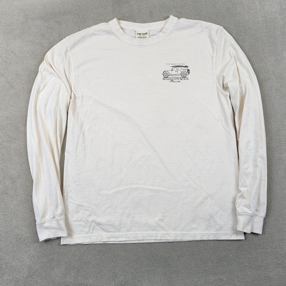 Surf Style Panama City Beach Shirt Mens Medium Long Sleeve Jeep Graphic Cream